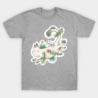 Cute floral cat stretching out on the floor T-Shirt